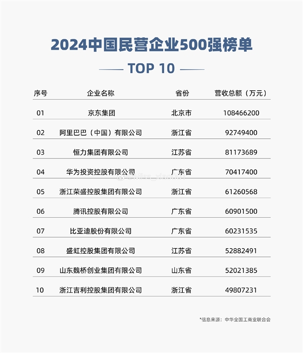 2024中國民營企業500強榜單：比亞迪排名僅次騰訊 汽車行業第一
